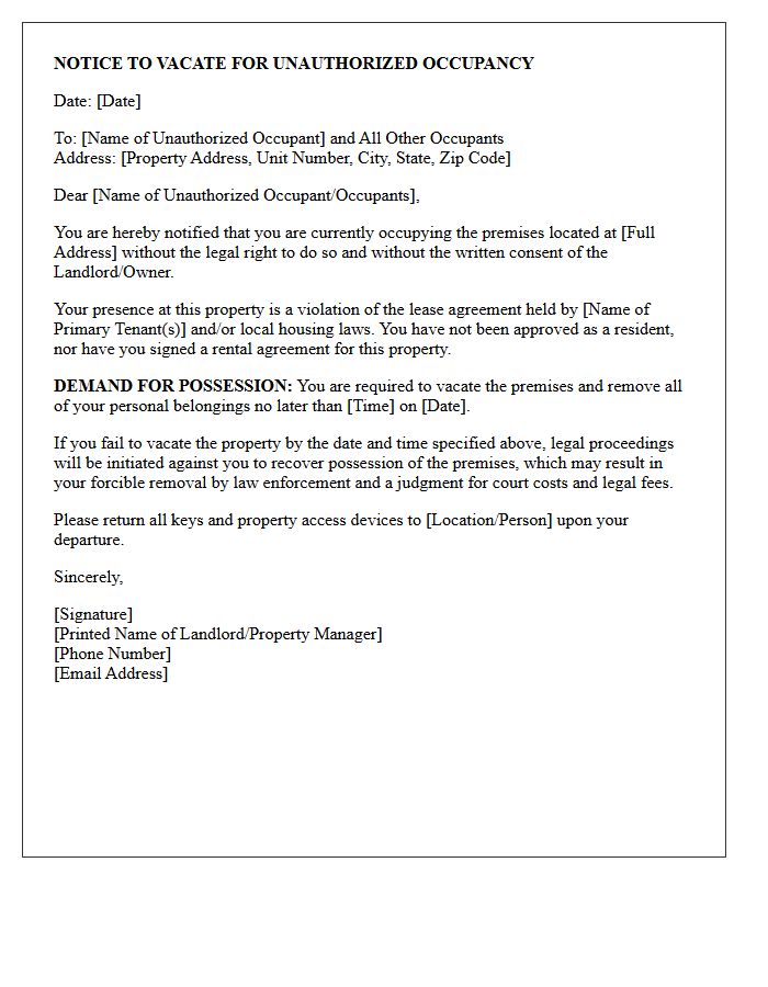 Notice to Vacate Letter for Unauthorized Occupant