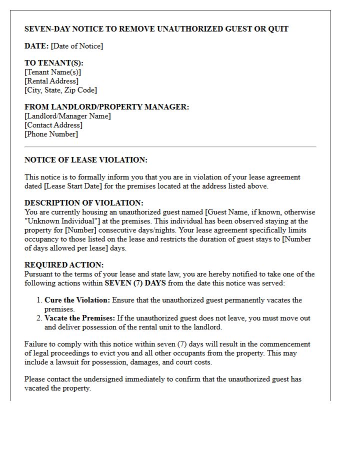 Seven-Day Notice to Remove Unauthorized Guest or Quit Letter