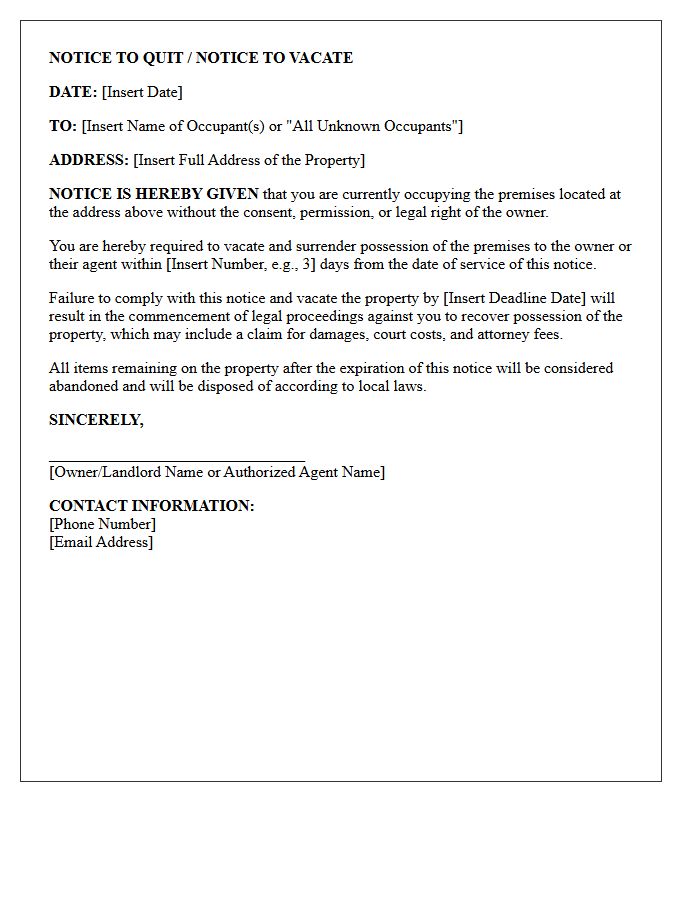 Squatter Eviction Notice Letter to Quit