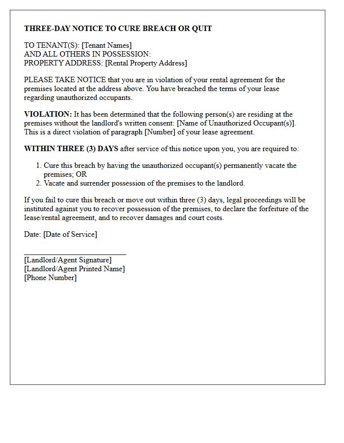 Three-Day Notice to Cure Unauthorized Occupant or Quit Letter