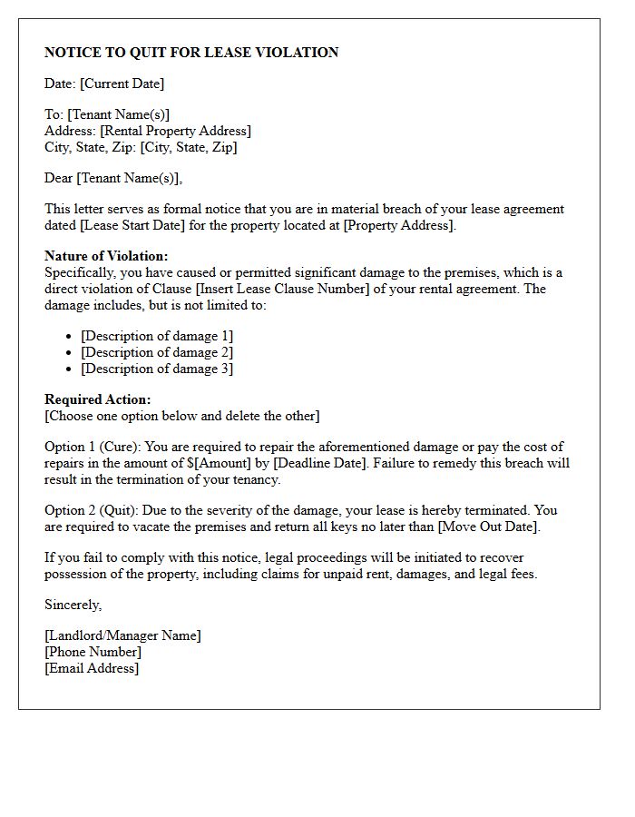 Breach of Lease Eviction Letter for Property Damage