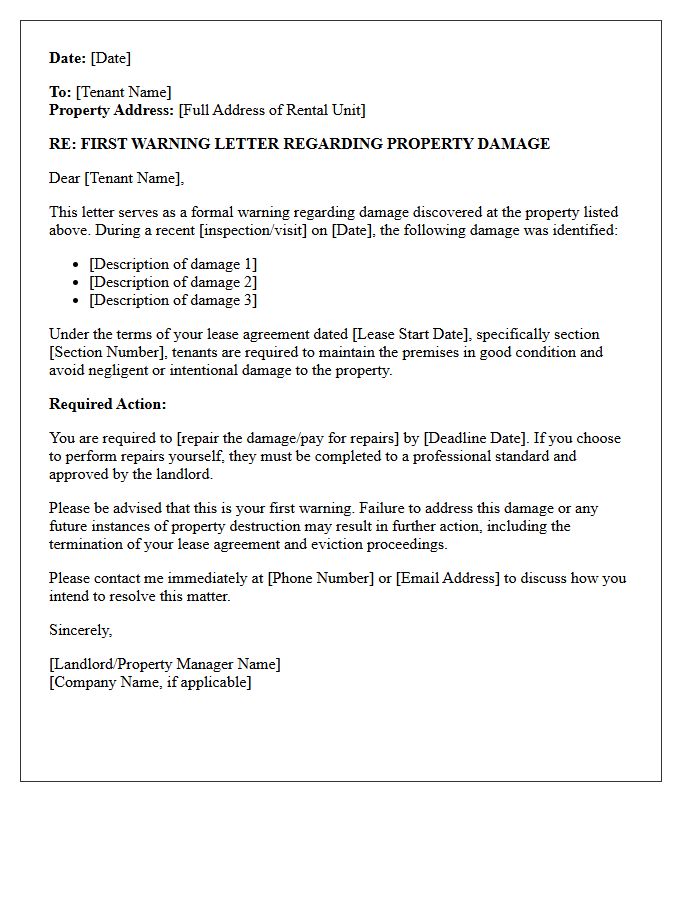 First Warning Letter Before Eviction for Property Damage