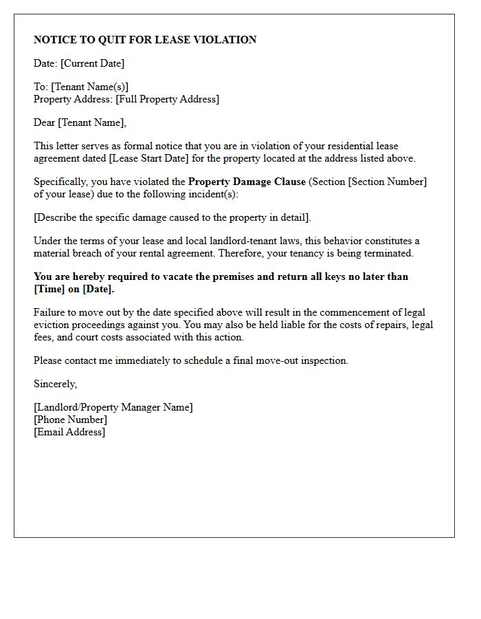 Formal Eviction Letter for Violation of Property Damage Clause