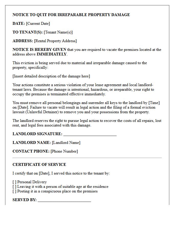 Immediate Eviction Letter for Irreparable Property Damage