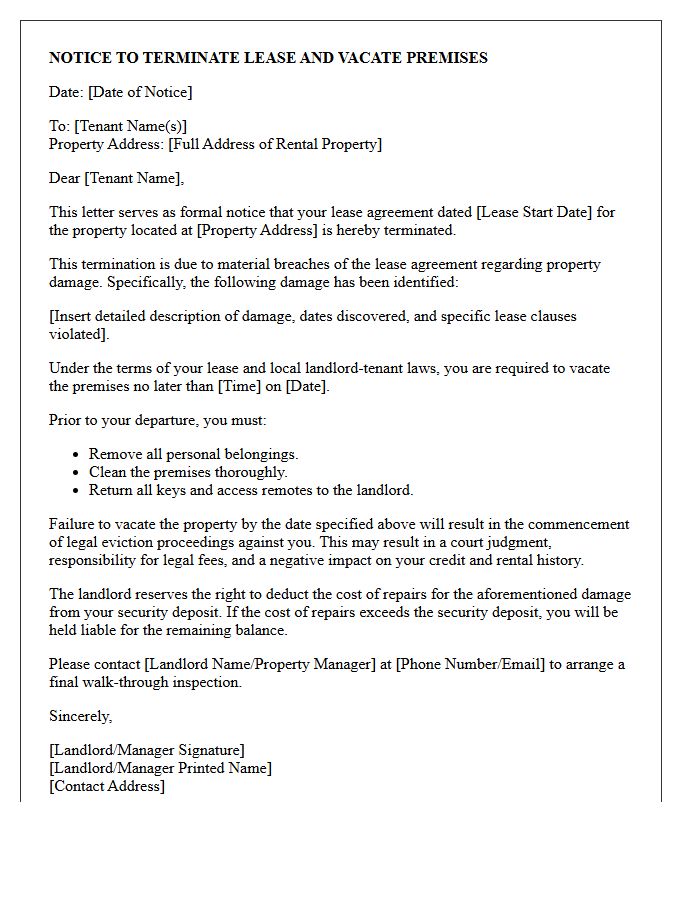 Lease Termination and Eviction Letter Due to Property Damage