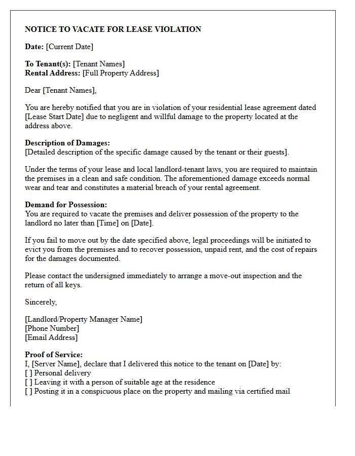 Notice to Vacate and Eviction Letter for Negligent Property Damage