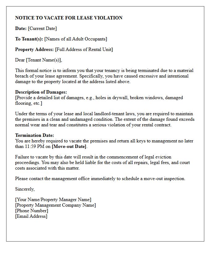 Property Management Eviction Letter for Excessive Unit Damage