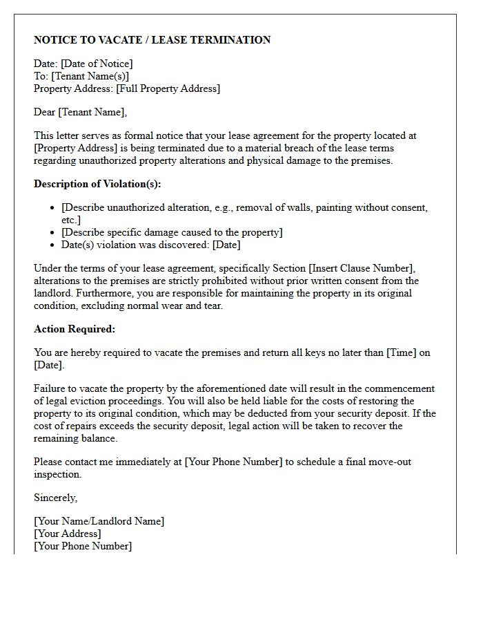 Standard Eviction Letter for Unauthorized Property Alterations and Damage