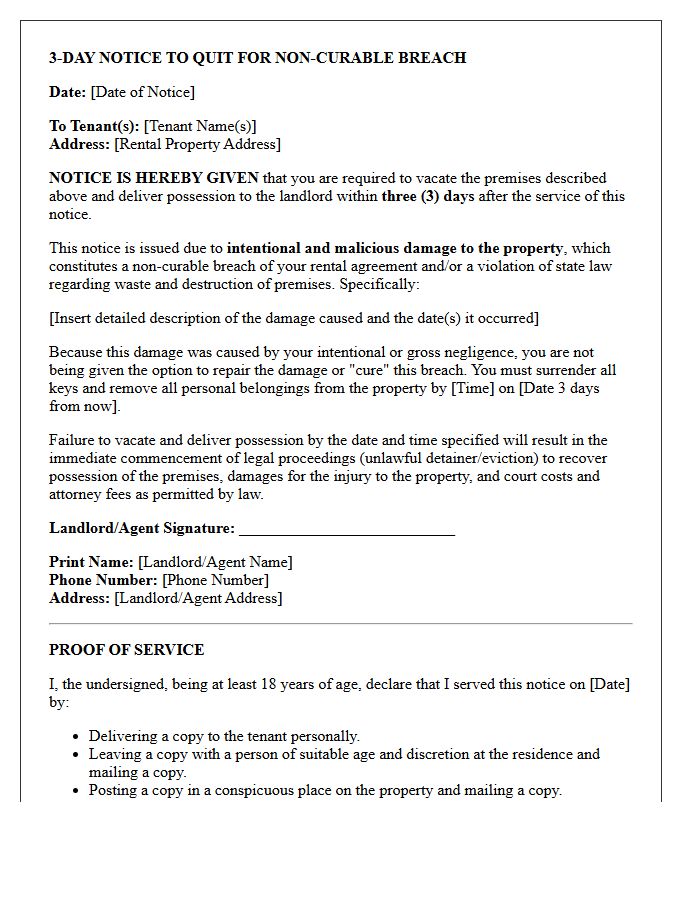 Three-Day Quit and Eviction Letter for Intentional Property Damage