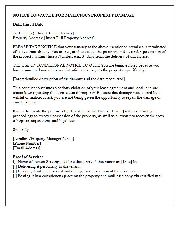 Unconditional Eviction Letter for Malicious Property Damage