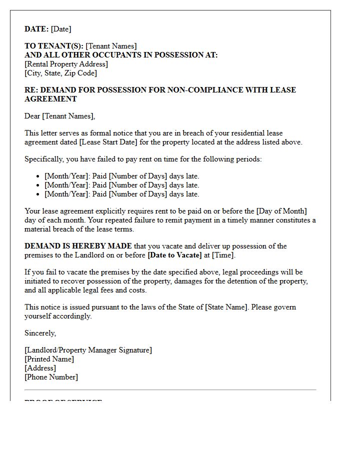 Demand for Possession Letter for Repeated Late Rent