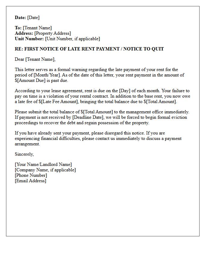 First Warning Eviction Letter for Late Payments