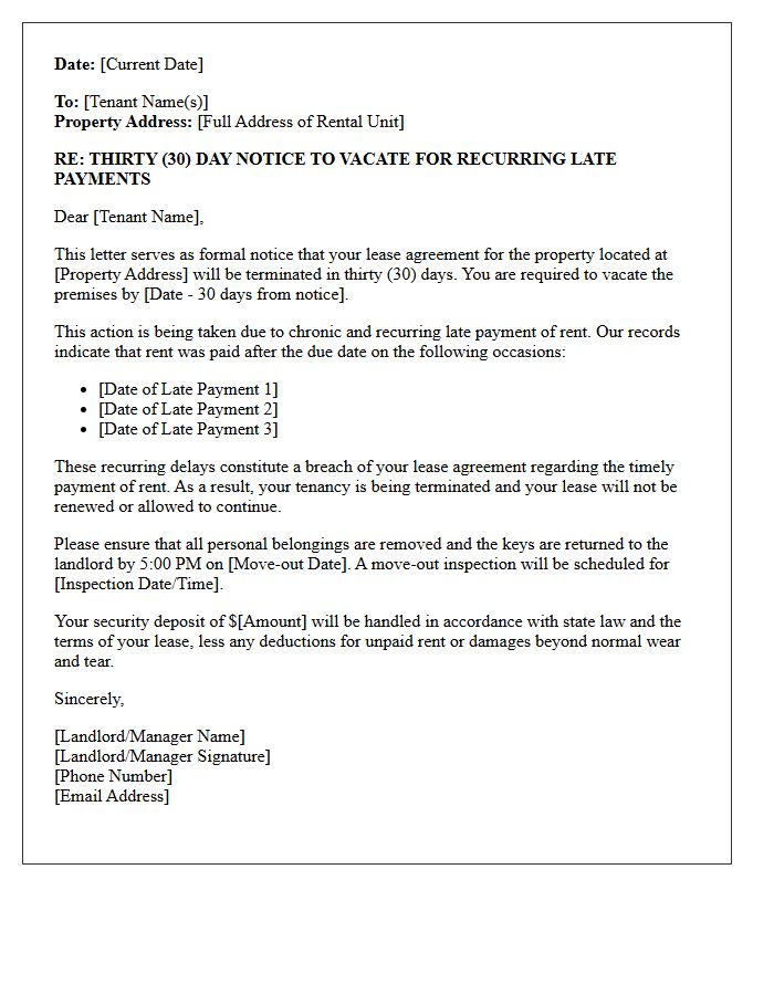 Thirty-Day Eviction Letter for Recurring Late Payments