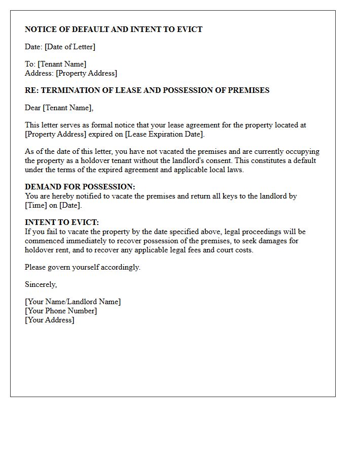 Notice of Default and Intent to Evict Letter for Expired Lease Holdover