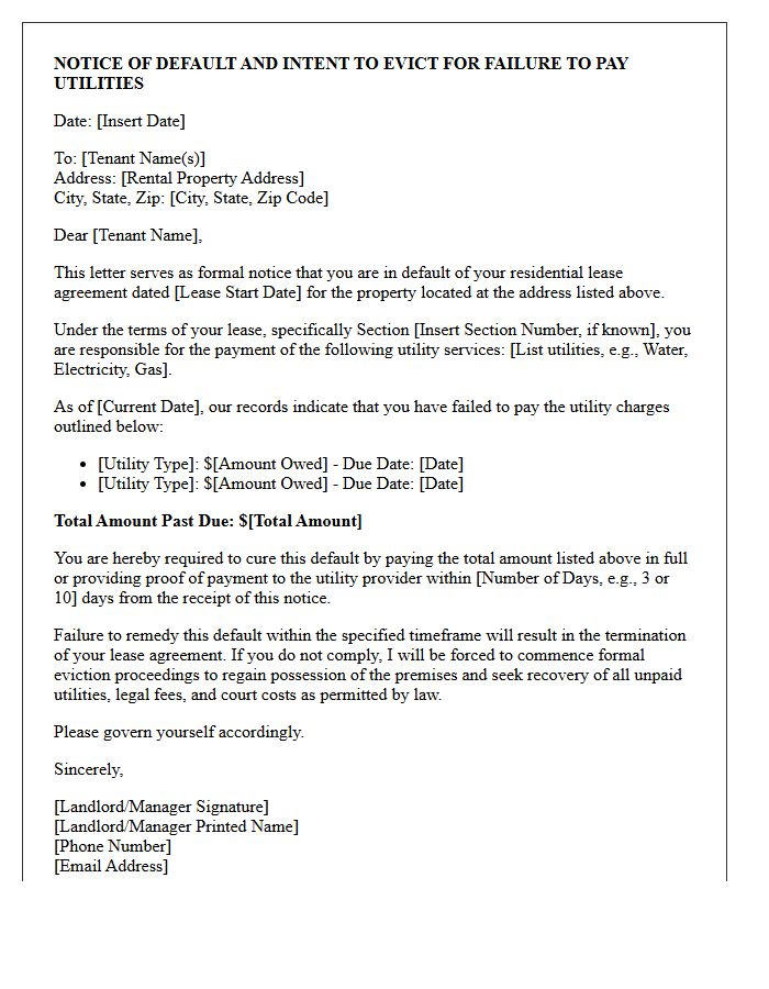 Notice of Default and Intent to Evict Letter for Failure to Pay Utilities