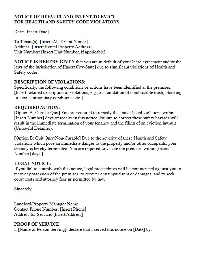 Notice of Default and Intent to Evict Letter for Health and Safety Code Violations