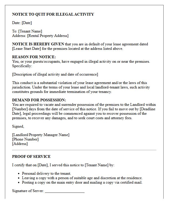 Notice of Default and Intent to Evict Letter for Illegal Activity