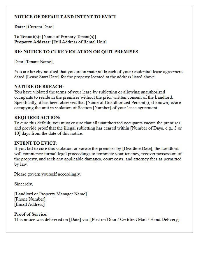 Notice of Default and Intent to Evict Letter for Illegal Subletting