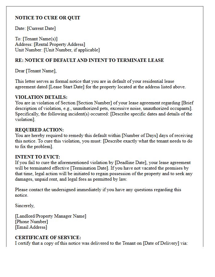 Notice of Default and Intent to Evict Letter for Lease Violation