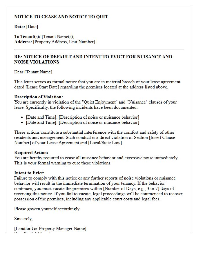 Notice of Default and Intent to Evict Letter for Nuisance and Noise Violations