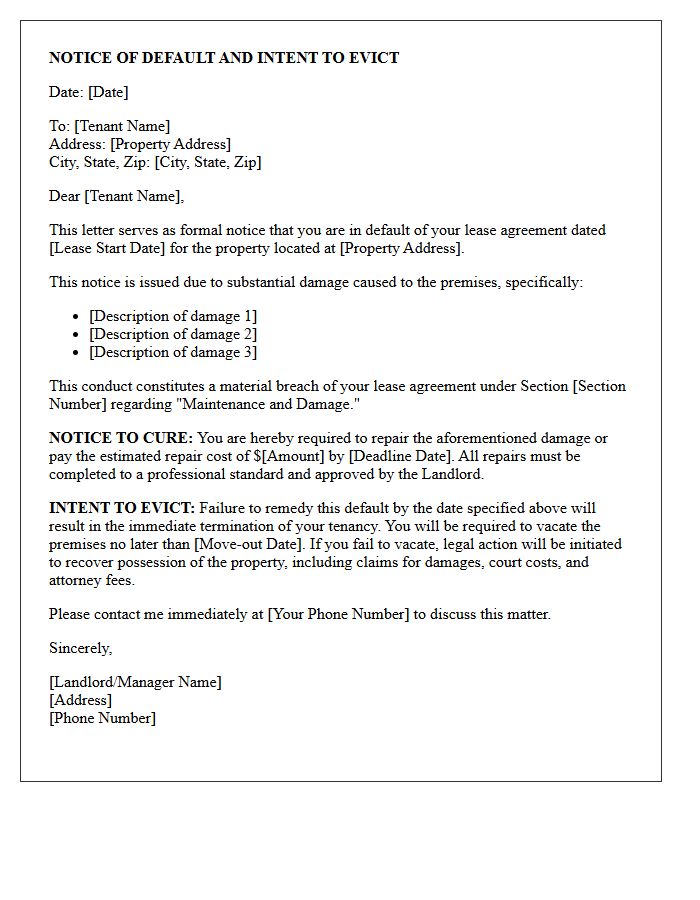Notice of Default and Intent to Evict Letter for Property Damage