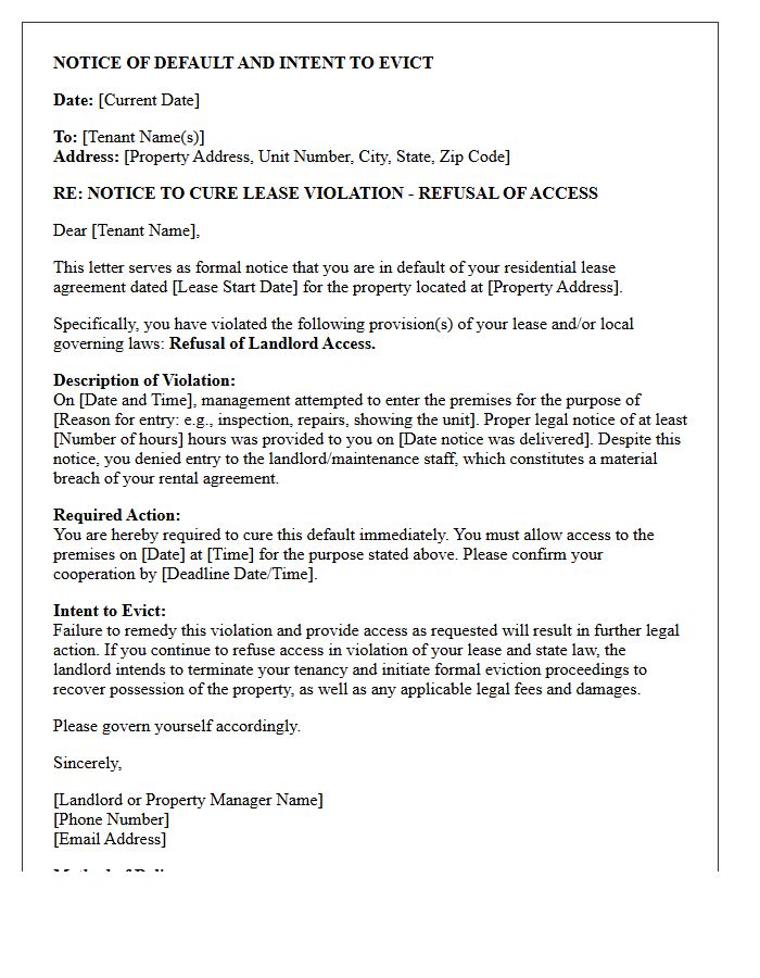 Notice of Default and Intent to Evict Letter for Refusal of Landlord Access