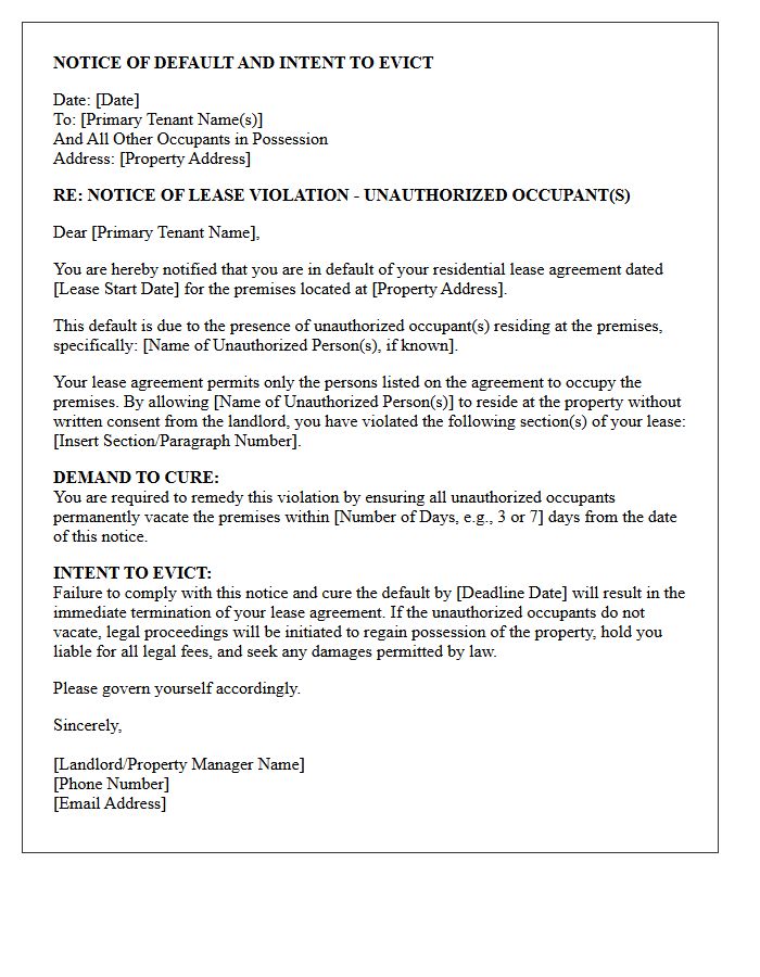 Notice of Default and Intent to Evict Letter for Unauthorized Occupants