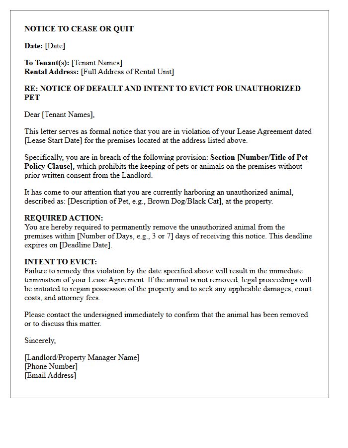 Notice of Default and Intent to Evict Letter for Unauthorized Pets