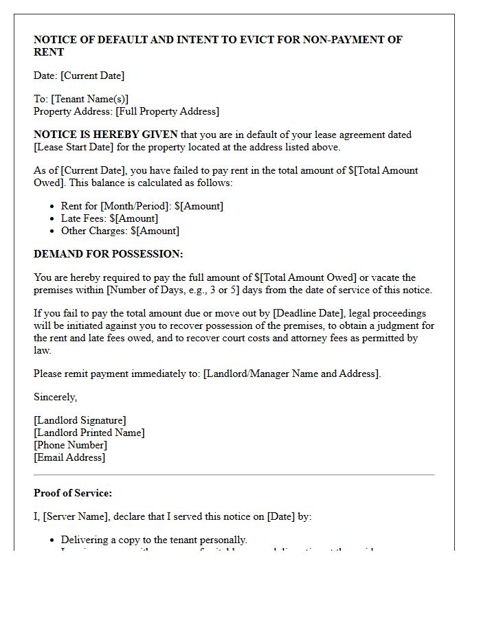 Notice of Default and Intent to Evict Letter for Unpaid Rent