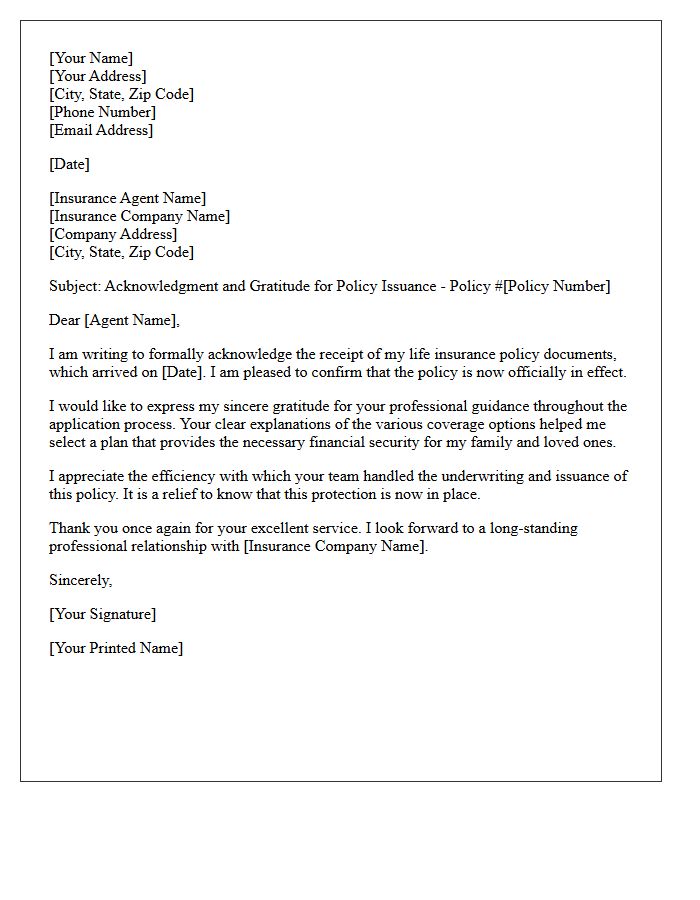 Life Insurance Policy Issuance Gratitude Letter