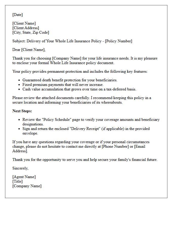 Policy Delivery Letter for Whole Life Insurance Clients