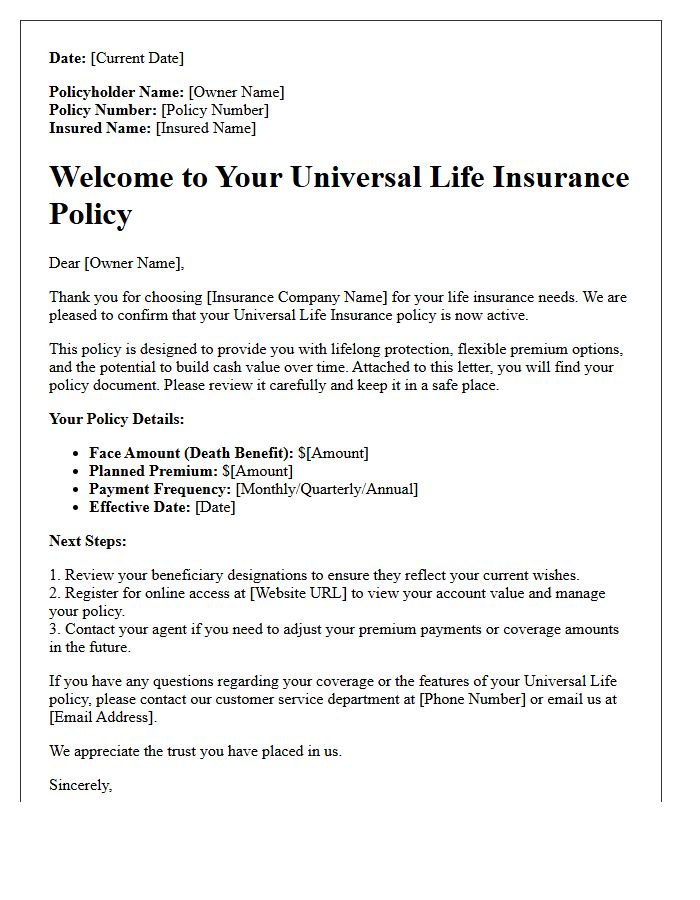 Universal Life Insurance Policy Welcome Letter
