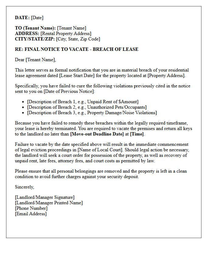 Breach of Lease Final Eviction Action Letter