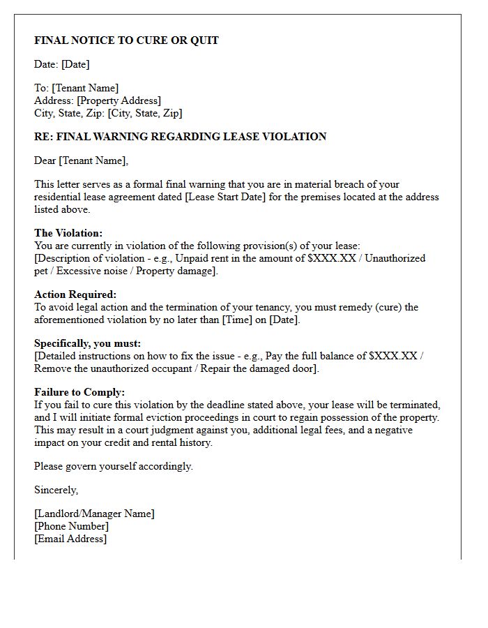 Cure or Quit Final Eviction Warning Letter
