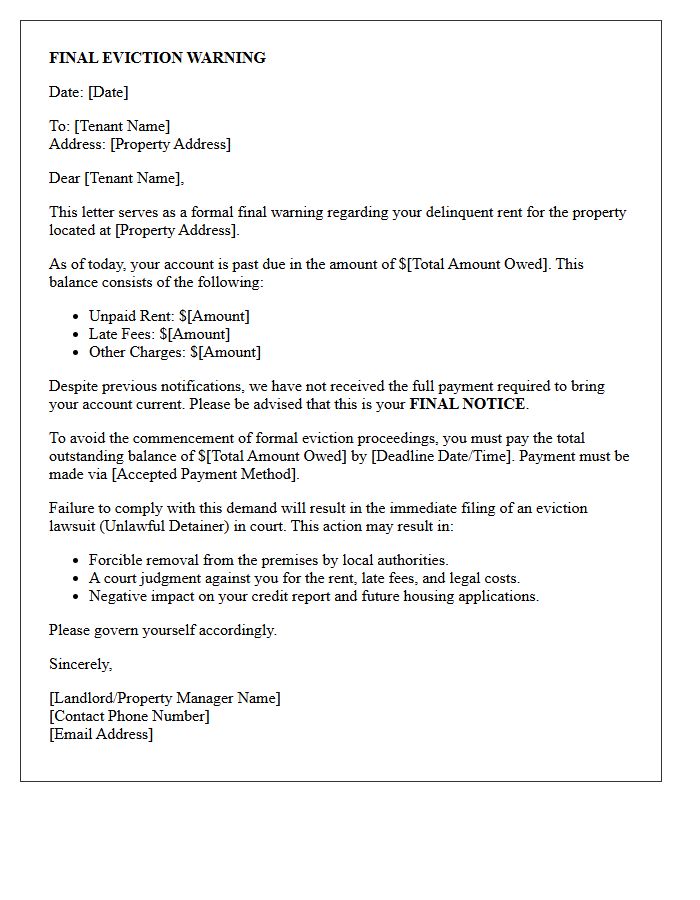 Delinquent Rent Final Eviction Warning Letter