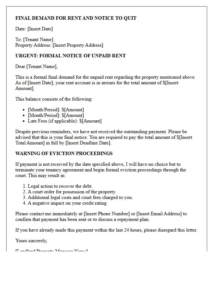 Final Demand for Rent Eviction Warning Letter