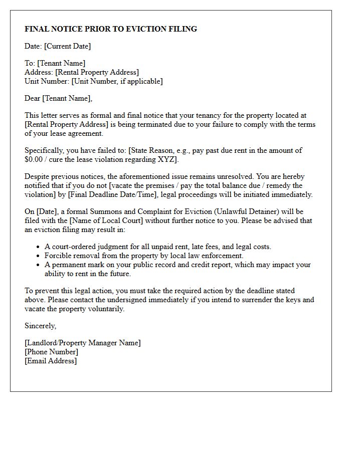 Final Notice of Legal Eviction Filing Letter