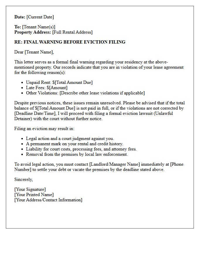 Final Warning Before Eviction Filing Letter