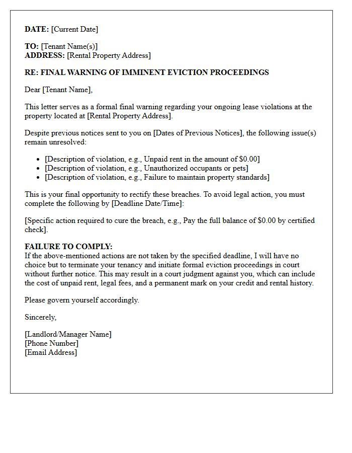Final Warning of Imminent Eviction Proceedings Letter