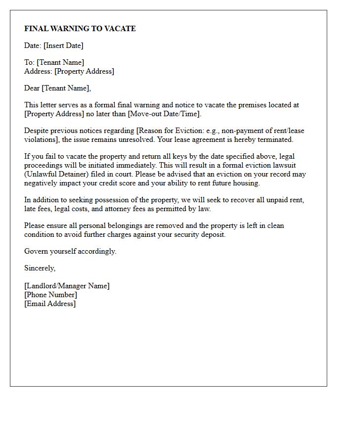 Final Warning to Vacate or Face Eviction Letter