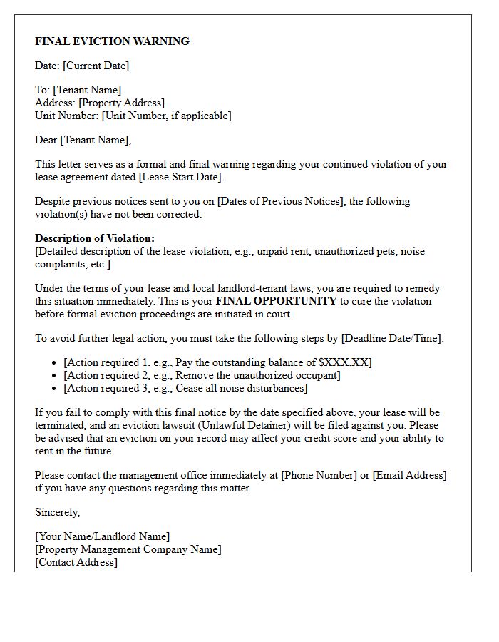 Lease Violation Final Eviction Warning Letter