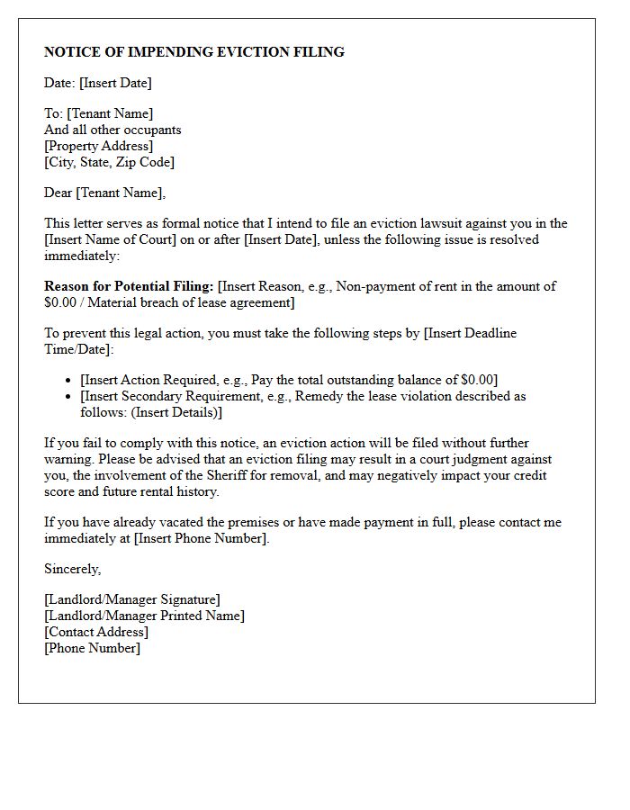 Notice of Impending Eviction Filing Letter