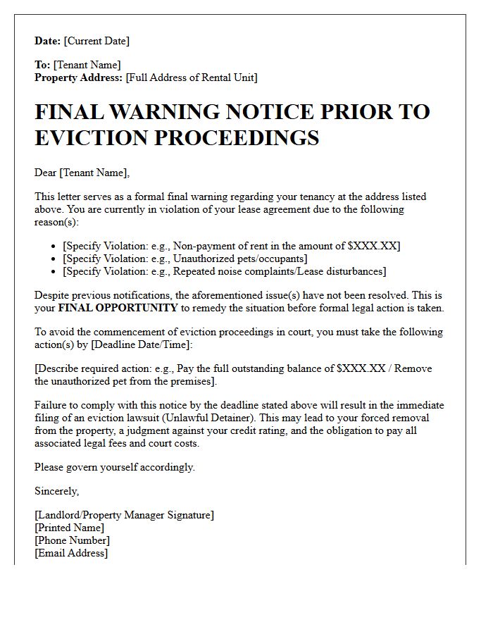 Pre-Eviction Final Warning Notice Letter