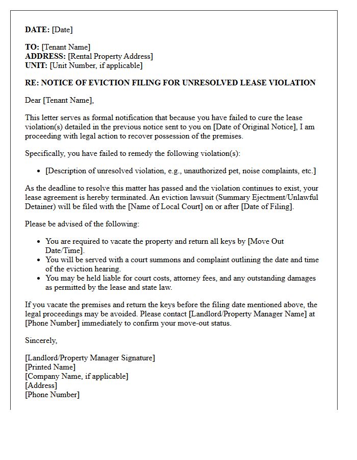 Unresolved Lease Violation Eviction Filing Letter