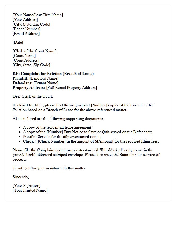 Breach of Lease Eviction Lawsuit Filing Letter