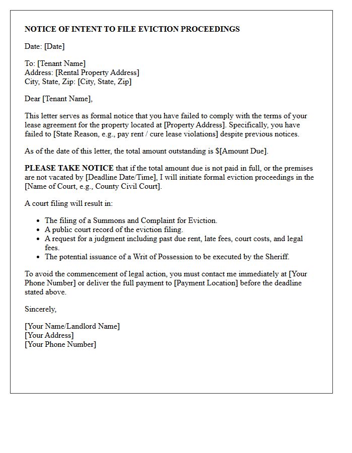 Eviction Proceedings and Court Filing Notice Letter