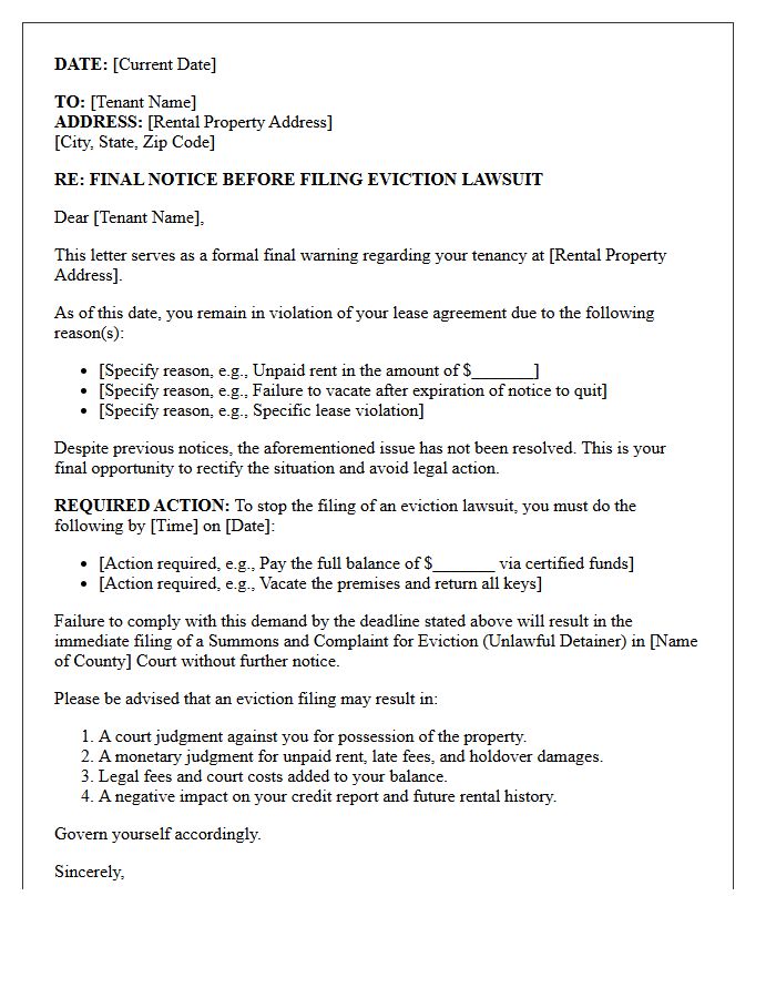 Final Warning Before Eviction Lawsuit Filing Letter