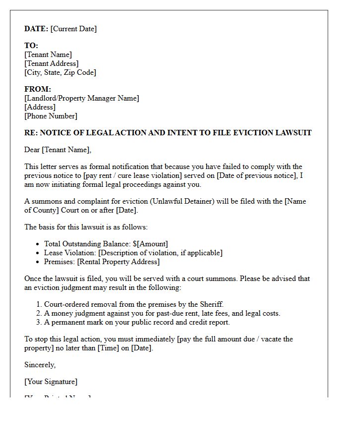 Legal Action and Eviction Lawsuit Filing Letter