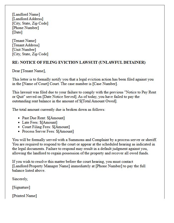 Nonpayment of Rent Eviction Lawsuit Filing Letter