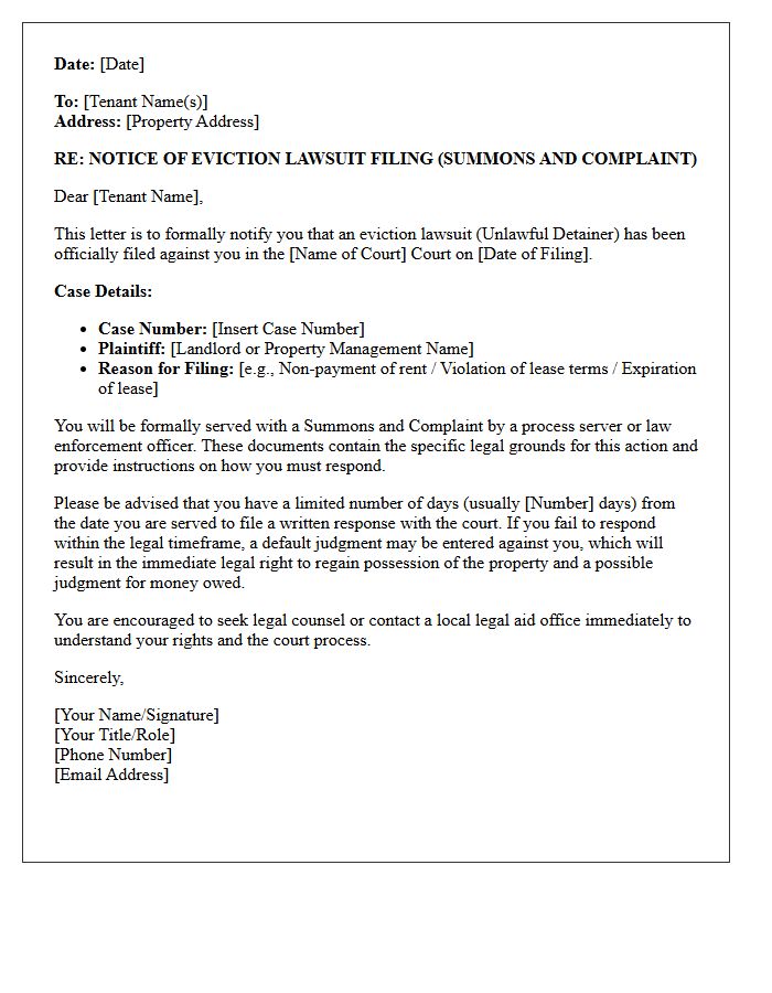 Notice of Eviction Lawsuit Filing Letter